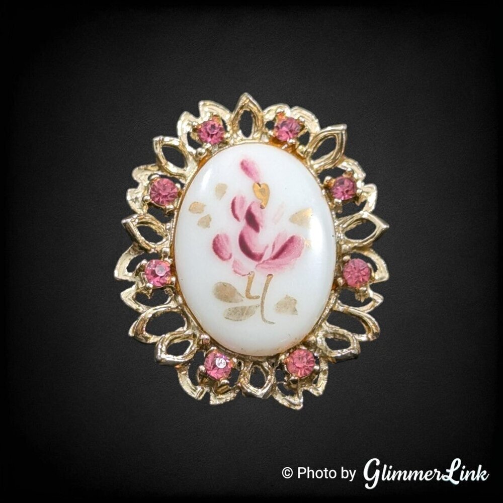 Vintage Hand Painted Porcelain Floral Pink Rhinestones Gold Tone Filigree Brooch